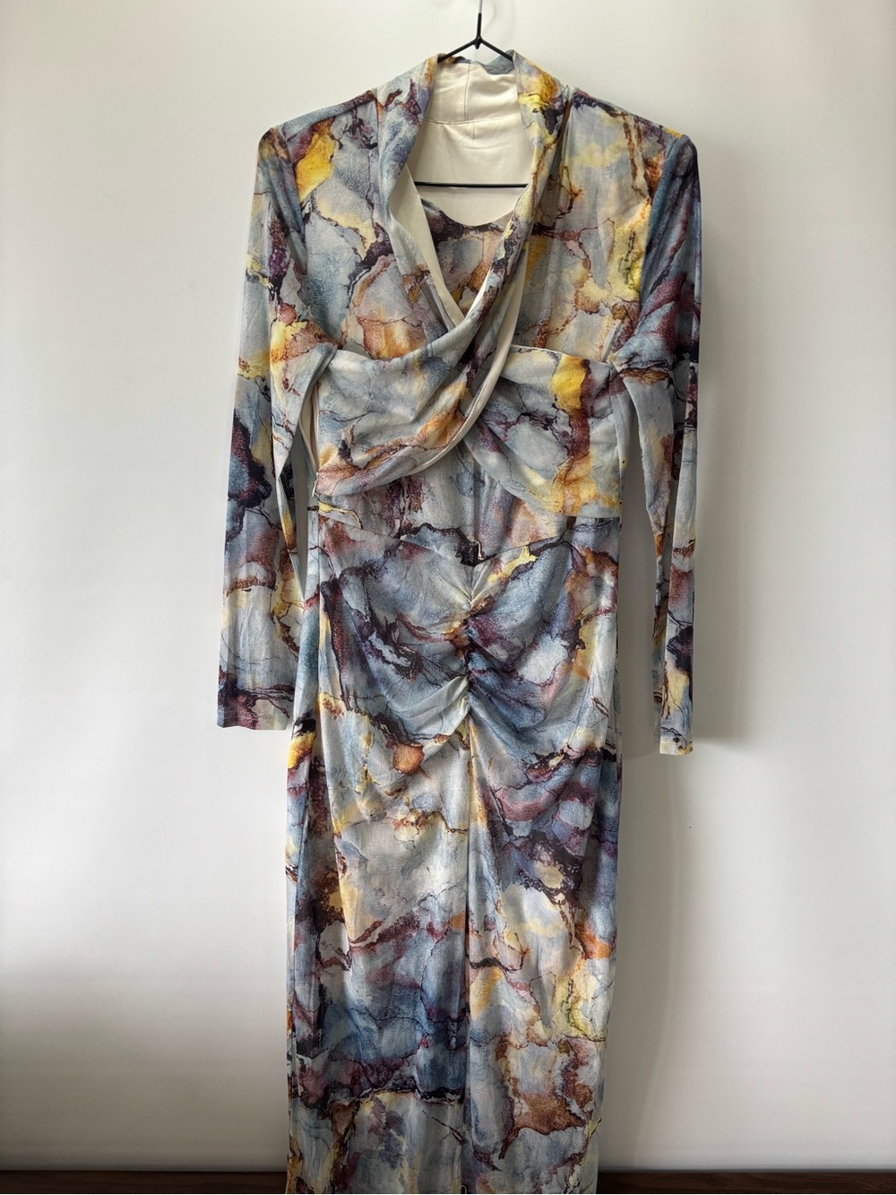 Ruched Marble-Print Maxi Dress in Blue and Cream